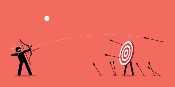 Failing to hit the target. Man desperately trying to shoot arrows with bow to hit the bullseye but failed miserably. Vector artwork depicts failure, inaccurate, missing, and lousy. arrow bow and arrow illustrations stock illustrations