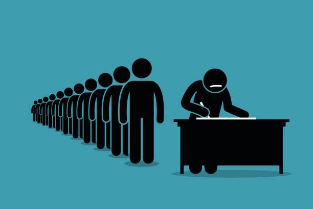 People in line and queue signing for petition with signatures. Vector artwork depicts protest, voting, registration, and declaration. unemployment stock illustrations