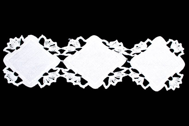 istock White rectangle lace tablecloth isolated on black background, close up picture 847509652