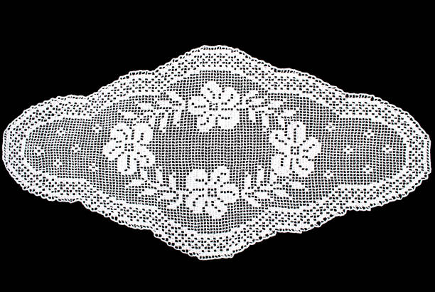 beauty white oval lace tablecloth isolated on black background, floral partern - pillow cushion embroidery homewares imagens e fotografias de stock