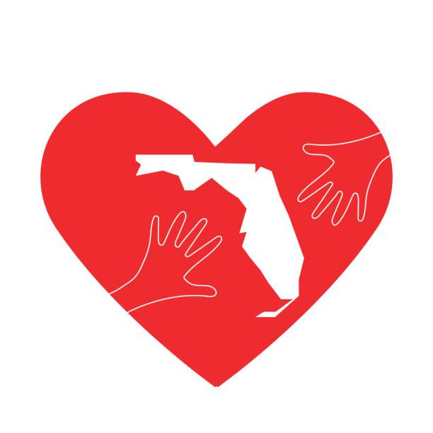 ilustracja wektorowa: pomocne dłonie, serce i sylwetka mapy florydy. wielki jak dar, miłość lub pomocna ikona dłoni. wsparcie dla wolontariatu i pomocy po huraganie, powodziach, opadach na florydzie - hurricane stock illustrations