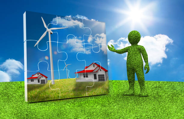 istock Green character presenting a jigsaw with houses and wind turbine inside 847512310