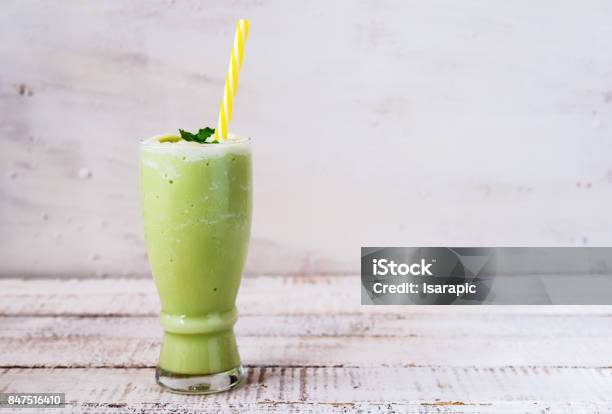 A Glass Of Green Tea Smoothie Stock Photo - Download Image Now - Smoothie, Matcha Tea, Ice