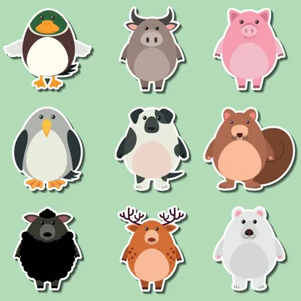 Vector illustration of Sticker design for cute animals on green background