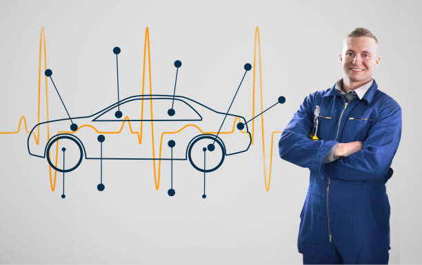 istock Mechanic standing in front of a background with car 847520446