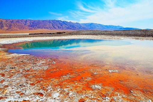 Lagunas escondidas of Baltinache – Hidden blue salt lakes of Baltinache and Atacama salar flats - Turquoise salt lakes mirrored reflection and Idyllic Atacama Desert, Volcanic landscape panorama – San Pedro de Atacama, Chile, Bolívia and Argentina border