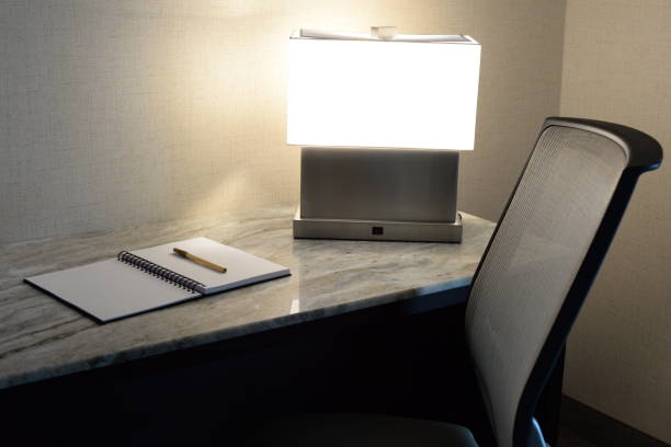 istock Writing Desk with Chair, Lamp, Notebook and Pen 847552430