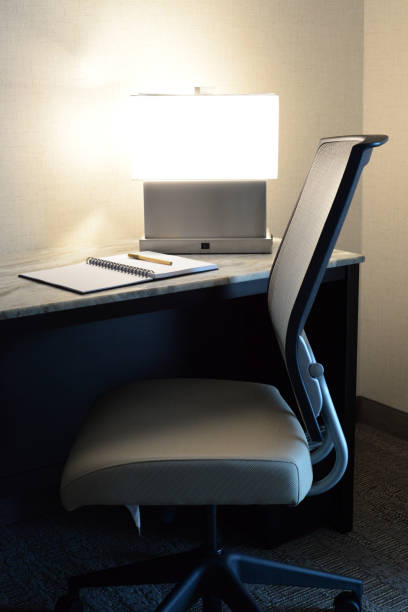 istock Writing Desk with Chair, Lamp, Notebook and Pen 847552464