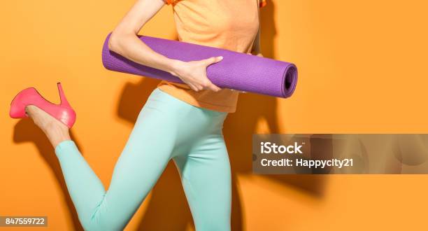 Yoga Girl With Yoga Mat Stock Photo - Download Image Now - Fashion, Gym, Active Lifestyle