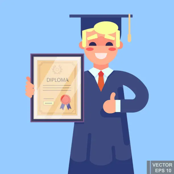 Vector illustration of Handsome successful student holding diploma in his hands. Graduate of MBA. Modern vector illustration.
