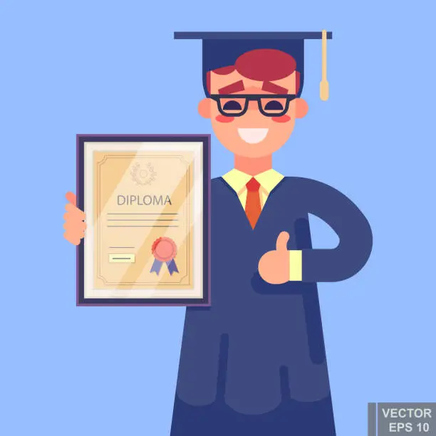 Vector illustration of Handsome successful student holding diploma in his hands. Graduate of MBA. Modern vector illustration.