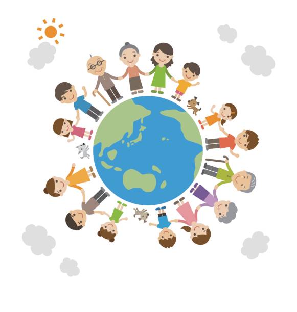ilustrações de stock, clip art, desenhos animados e ícones de families holding hands together standing on the earth - earth globe mother child