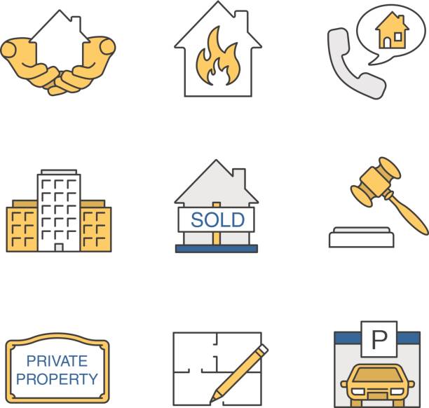 ilustraciones, imágenes clip art, dibujos animados e iconos de stock de iconos del mercado inmobiliario - interface icons hammer home interior house