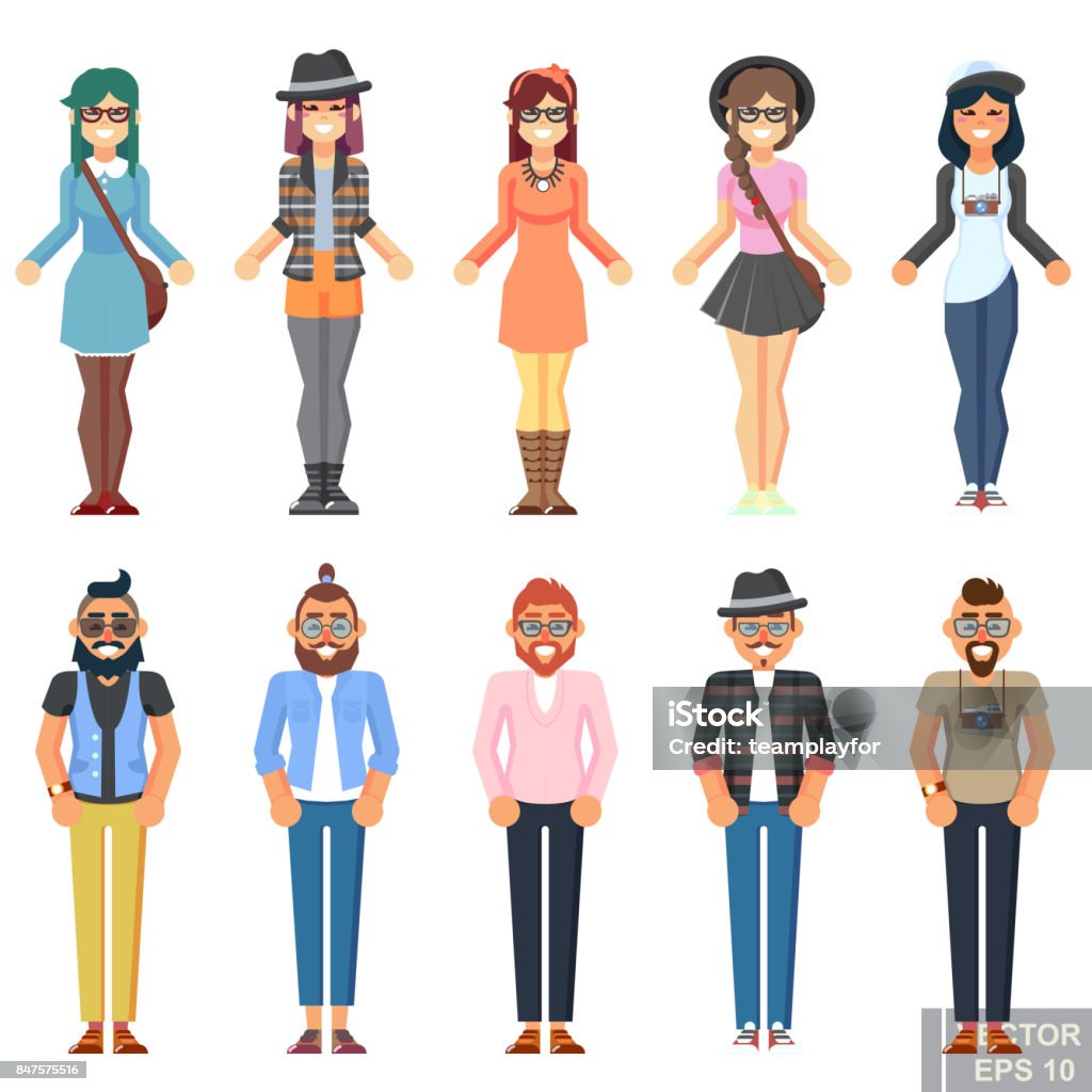 Hipster Style Bearded Man Young Woman Character Set Avatar Flat