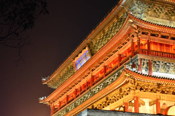 iluminado famoso campanário antigo - xian tower drum china - fotografias e filmes do acervo