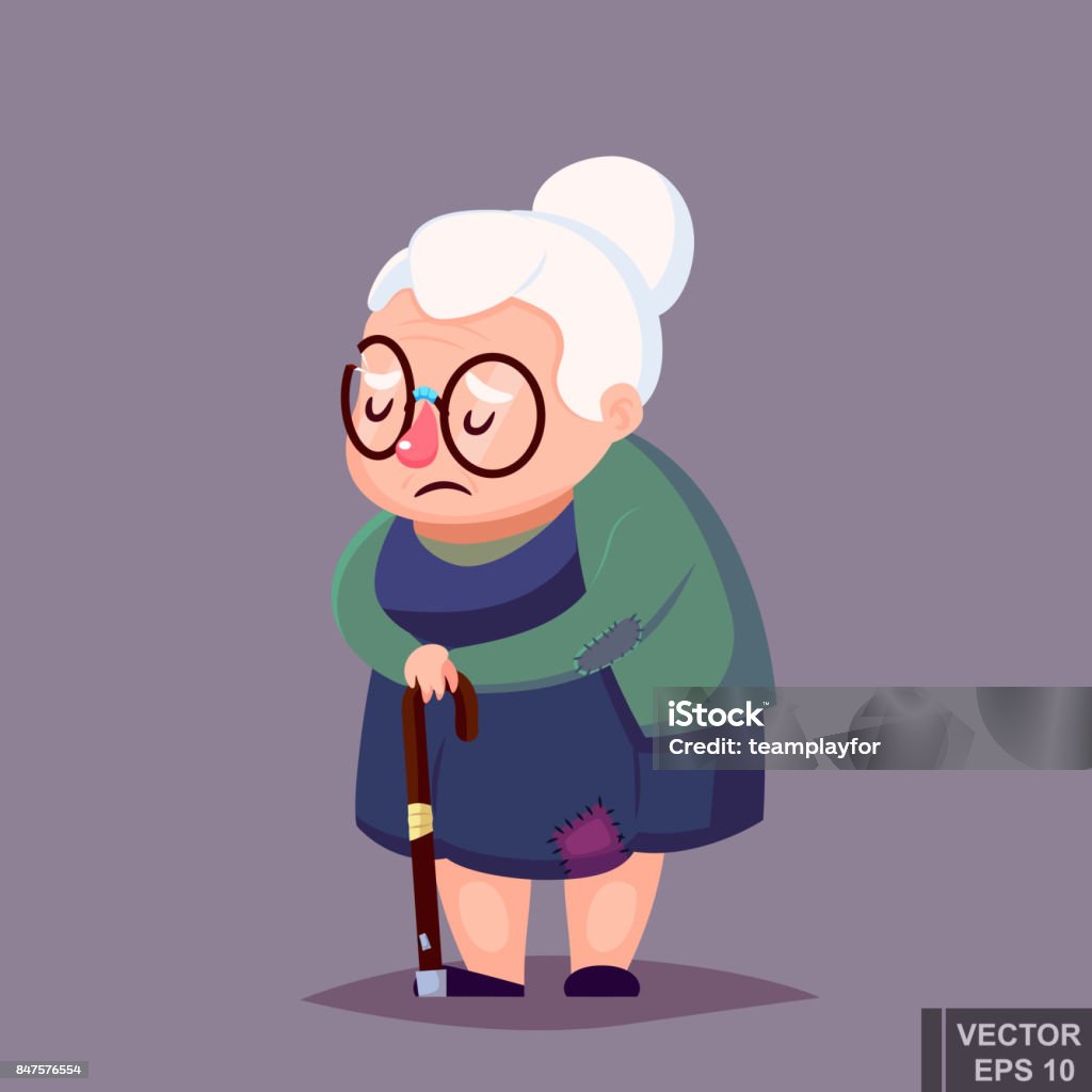 Cartoon Poor Senior Woman In Old Clothes With Cane And Glasses Vector  Illustration Stock Illustration - Download Image Now - iStock