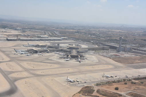 Lod, Israel - September 7th,2017: Ben Gurion airport from the air .An international airport of the State of Israel as seen from the air. The picture showsBen Gurion airport, passenger planes and roads leading to Ben-Gurion Airport in Israel.