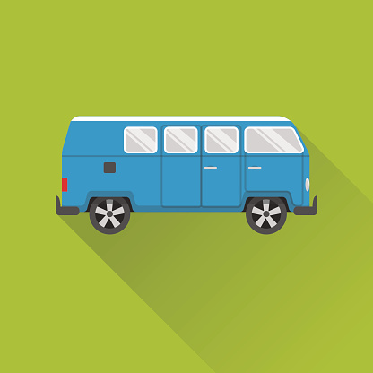 Flat style retro minivan car icon with long shadow. Camper bus symbol on green background.