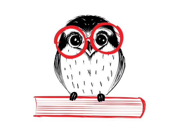 ilustraciones, imágenes clip art, dibujos animados e iconos de stock de lindo mano dibujado buho con vidrio rojo sentado en libro - owl