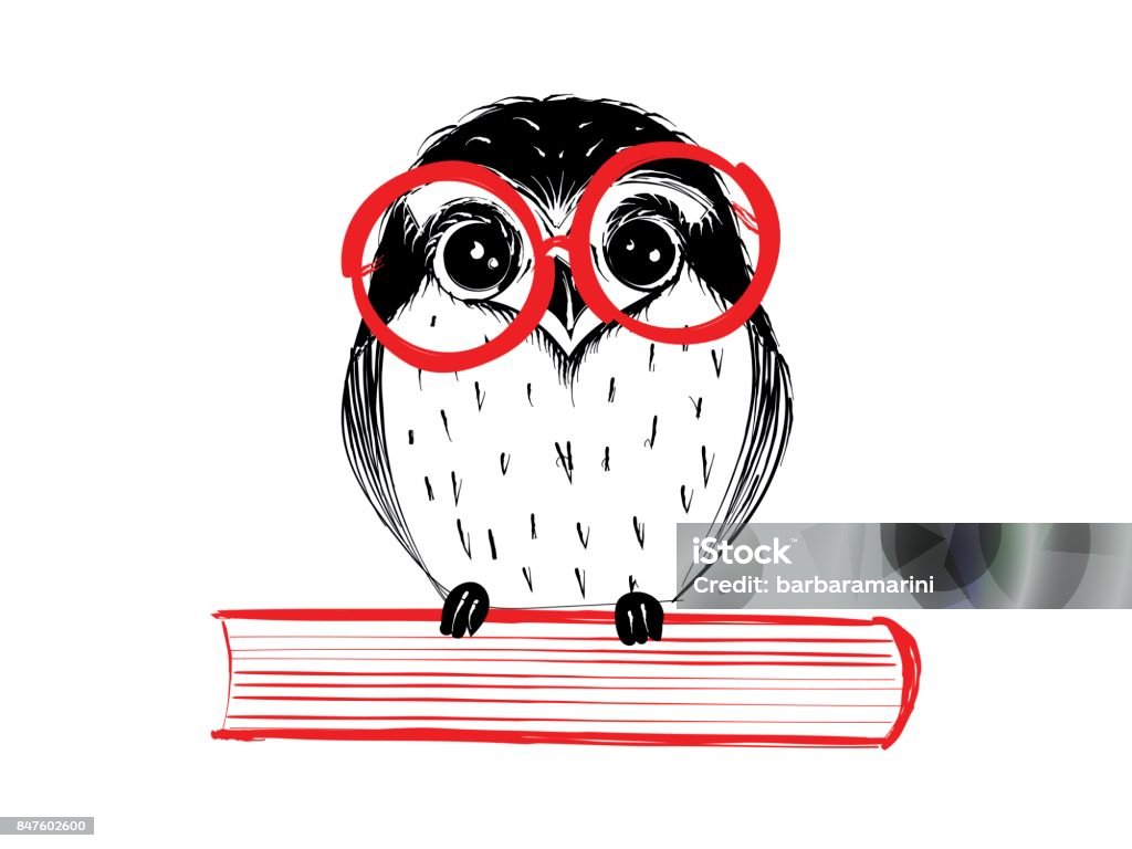 Cute hand drawn owl with red glass sitting on book Cute hand drawn owl with red glass sitting on book - Vector Illustration Owl stock vector