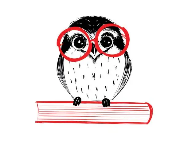 Vector illustration of Cute hand drawn owl with red glass sitting on book