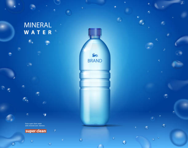 ilustrações, clipart, desenhos animados e ícones de garrafa com água mineral potável. bolhas em modelo de ilustração vetorial fundo azul - water bottle purified water water drink