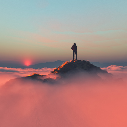 Hiker on the mountain over the clouds. This is a 3d render illustration