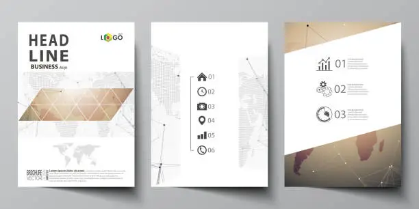 Vector illustration of The vector illustration of editable layout of three A4 format modern covers design templates for brochure, magazine, flyer, booklet. Global network connections, technology background with world map