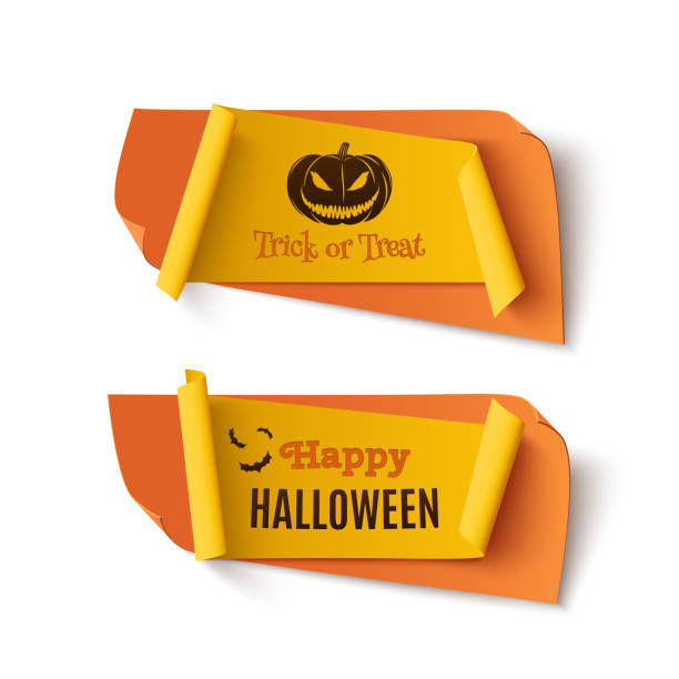 Two orange and yellow, Halloween, treat or trick banners. Two orange and yellow, Halloween, treat or trick abstract banners isolated on white background.  Template for greeting card, brochure or poster. Vector illustration. happy halloween banner stock illustrations