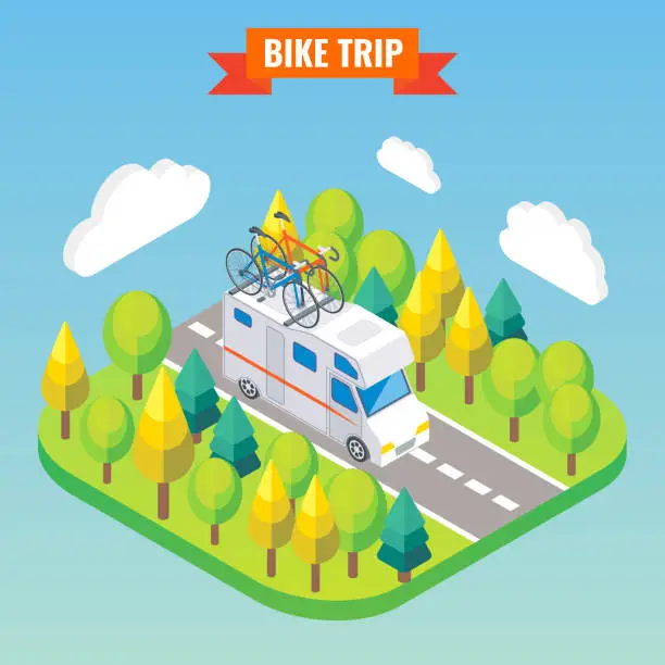 Vector illustration of Camper van with bicycle on a roof. Travel and camping isometric vector illustration in flat 3d style. Outdoor camp activity. Travel by caravan car