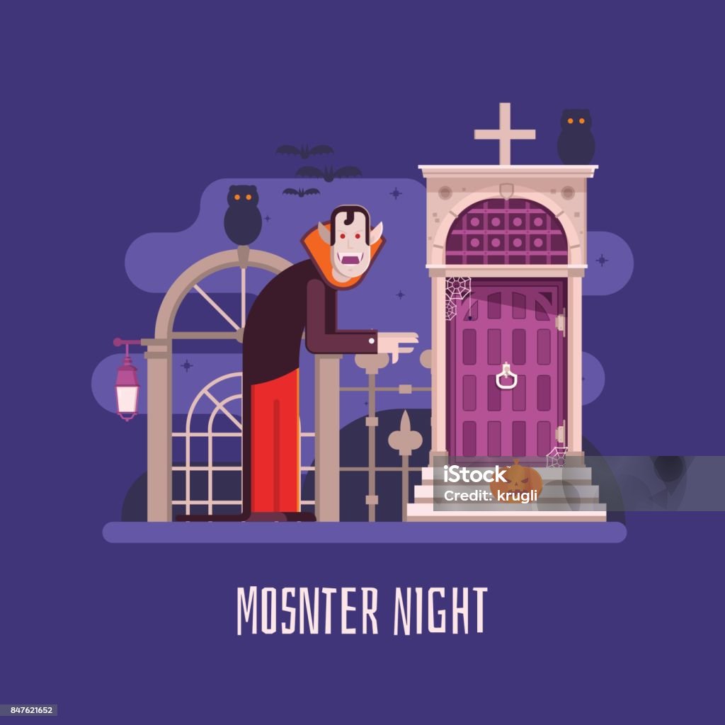 Vampire Night Halloween Card Halloween background with Dracula standing on cemetery gates. Halloween card or banner concept with cartoon vampire grave or crypt entrance by moon night. Abandoned stock vector
