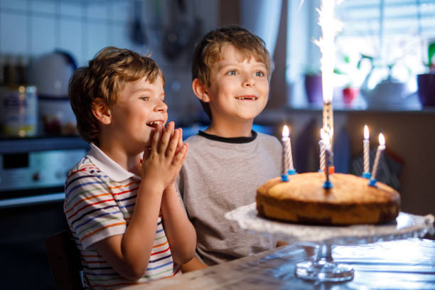 criança gêmeos meninos comemorando aniversário e velas no bolo - birthday cake family germany indoors - fotografias e filmes do acervo
