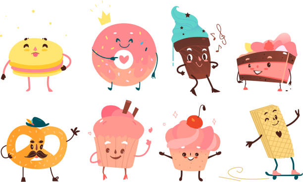 illustrations, cliparts, dessins animés et icônes de jeu de caractères de dessert drôle avec des visages humains - pretzel isolated bread white background