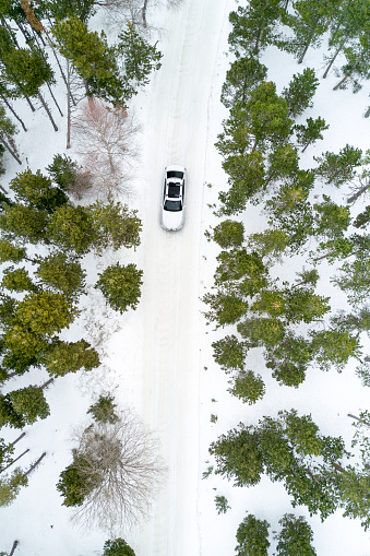 Aerial View Of A Road In Winter Forest