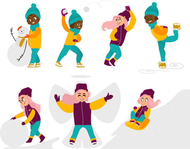 Kids, children, girls doing winter activities Set of kids, children, girls doing winter activities, having fun, cartoon vector illustration isolated on white background. Kids, children, girls play snowballs, make snowman, ice skate, ride a sled snow angel african american stock illustrations