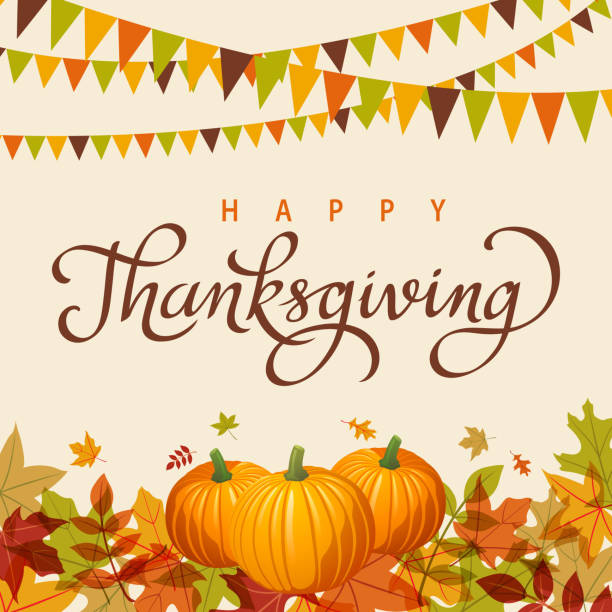 Thanksgiving Pumpkins To celebrate the Thanksgiving Day with pumpkins, autumn leaves and bunting swirly vines stock illustrations