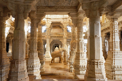 Ranakpur, India - January 27, 2014 : Marble elephant  in Fully carved famous sandstone Jain Temple in Ranakpur, one of the biggest in India.
