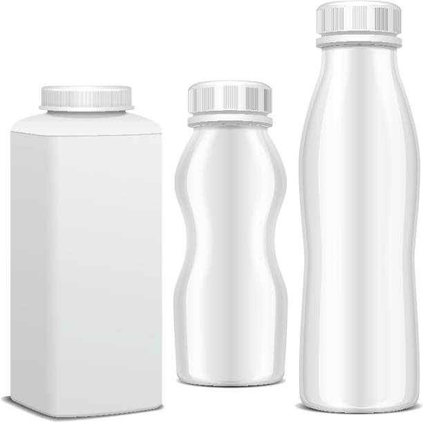 istock Set of plastic bottle with screw cap for dairy products. For milk, drink yogurt, cream, dessert. Vector realistic pack mockup template 847654724