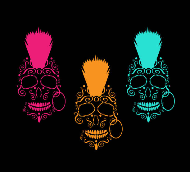 ilustrações de stock, clip art, desenhos animados e �ícones de skull icon with mohawk - scroll shape frame skull decoration