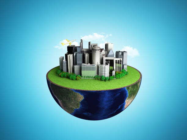 istock Urbanization concept with globe and city on abstract white background 3D Rendering 847662270