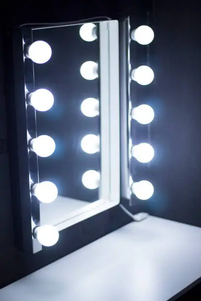 Studio makeup table mirror lights for professional make-up artists in photographic studio or theater.