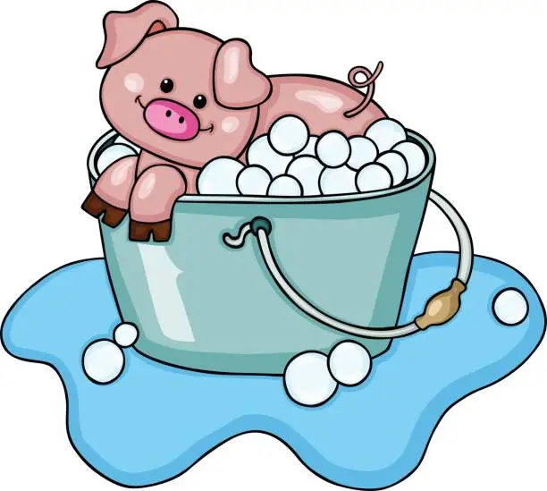 Vector illustration of Happy pig taking a bubble bath