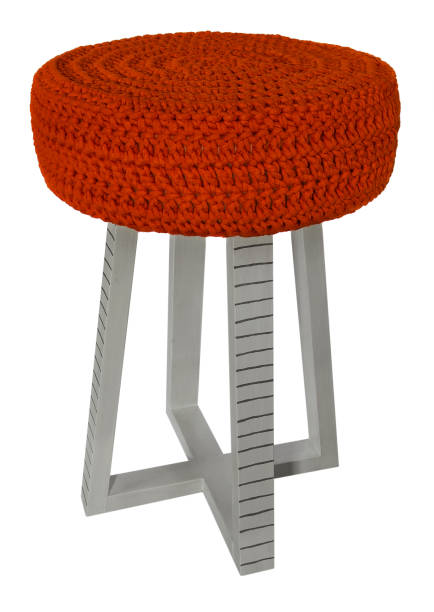 istock Handmade stool wooden gray in black lines. Round seat with red wool material. 847688818