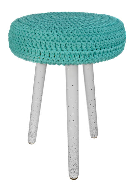 istock Handmade stool wooden gray with black dots. Round seat with turquoise wool material. 847688946