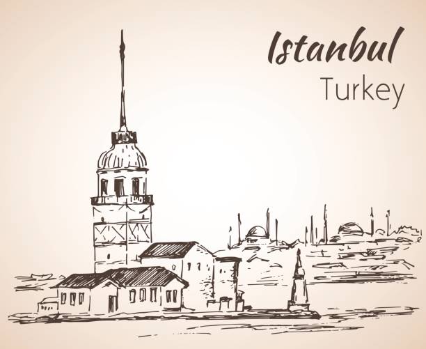 伊斯坦堡處女塔和博斯普魯斯海峽大橋。土耳其。草繪。 - 處女之塔 幅插畫檔、美工圖案、卡通及圖標