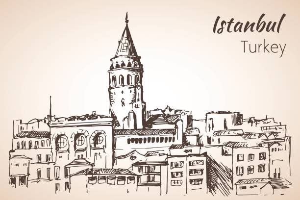 istanbul-galata-turm. turkei. skizze. - galata tower stock-grafiken, -clipart, -cartoons und -symbole