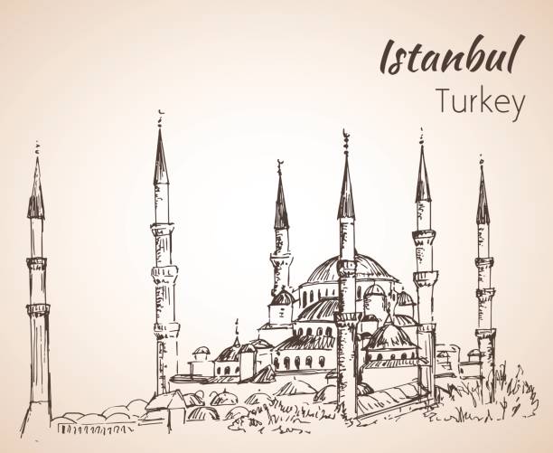 istanbul sultan-ahmed-moschee - blaue moschee. turkei. skizze. - sultan ahmad moschee stock-grafiken, -clipart, -cartoons und -symbole