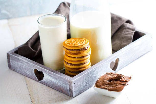 cookies milk chocolate pasta cookie wooden background