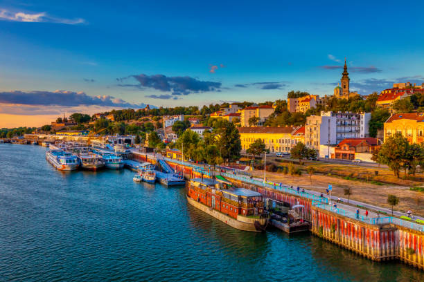 ships in the harbor Sunset over Belgrade and ships in the harbor. HDR image blue danube stock pictures, royalty-free photos & images