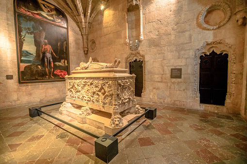 Lisbon, Portugal - August 26, 2017: Tomb of Vasco da Gama in Jeronimos Monastery Church in Belem district.Vasco da Gama was a famous Portuguese explorer who traveled in India dubbing Cape of Good Hope